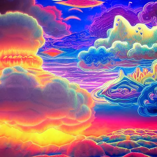 Image similar to large clouds, dmt trip, high details, complex patterns, ultra realistic, multi dimensional