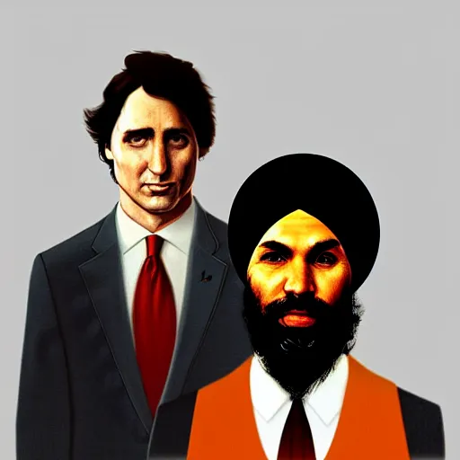 Image similar to Justin Trudeau with Jagmeet Singh in the american gothic painting, concept art, sharp focus, highly detailed digital painting by Grant Wood, artstation