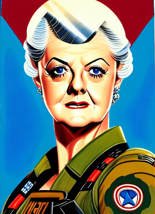 Image similar to g. i. joe portrait painting of angela lansbury, hasbro box art, 1 9 8 8, hq scan