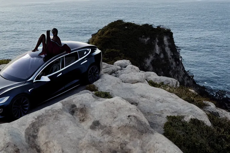 Image similar to photo of a gorgeous black model sitting on a Tesla on a cliff on the ocean By Emmanuel Lubezki