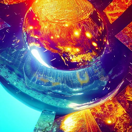 Image similar to tilt shift sphere underwater huge light intricate reflection diffraction refraction marble gold obsidian preraffaellite photography cut, octane, artstation render 8 k neon