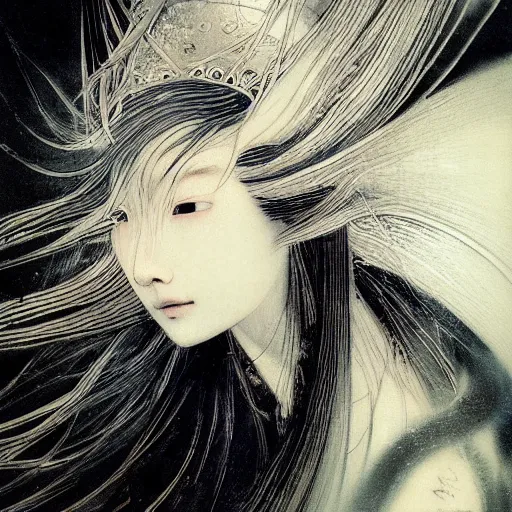 Image similar to yoshitaka amano blurred and dreamy illustration of a japanese woman with black eyes, wavy white hair fluttering in the wind wearing elden ring armor with engraving, abstract patterns in the background, noisy film grain effect, highly detailed, renaissance oil painting, weird portrait angle, blurred lost edges, three quarter view