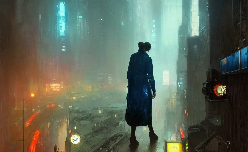 Image similar to 2 0 1 8 blade runner movie still girl look at the cityscape from roof perfect face fine realistic face pretty face neon puffy jacket blue futuristic sci - fi elegant by denis villeneuve tom anders zorn hans dragan bibin thoma greg rutkowski ismail inceoglu illustrated sand storm alphonse mucha