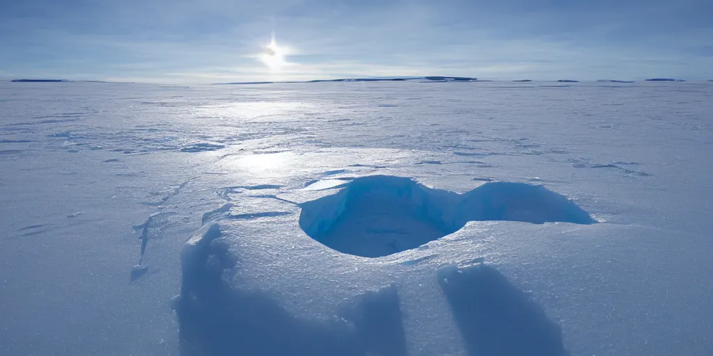 Image similar to the stargate half buried in the arctic ice, realistic landscape