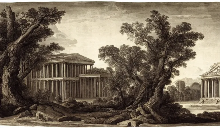 Prompt: A serene landscape with a singular building in the style ofGiovanni Battista Piranesi.