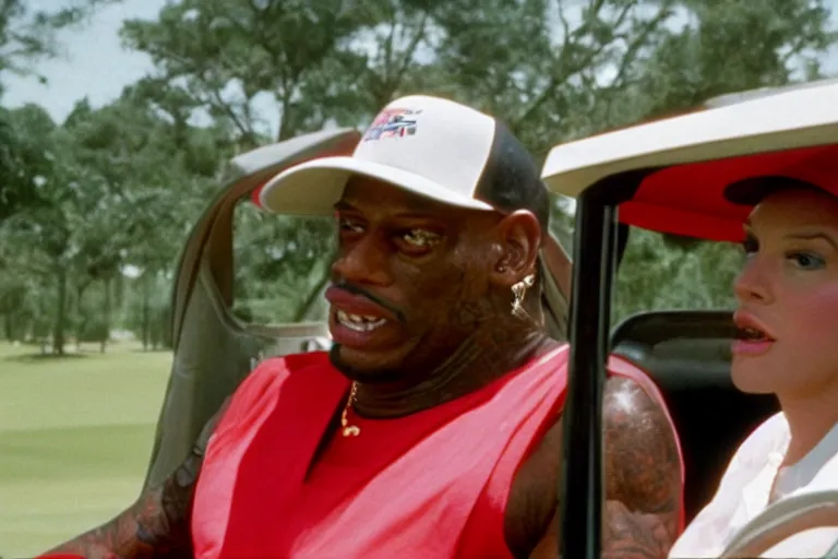 Image similar to dennis rodman in a dress driving a golf cart, movie still, from the new caddyshack movie, dancing gopher from caddyshack, 8 k, hd, cinematic lighting