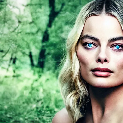 Prompt: double exposure photoshop effect of margot robbie and nature, highly detailed