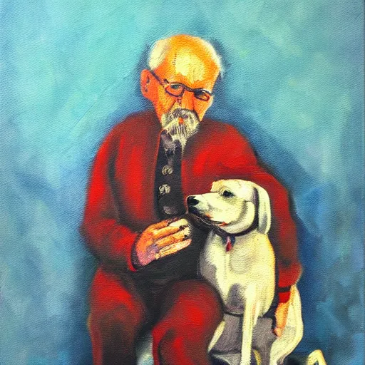 Prompt: an old man with a dog, expressionist, oil on canvas