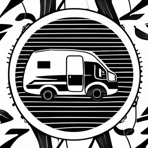 Image similar to very very very stylized minimal vector graphic of a ford transit motorhome, hills and sunset, white background, all enclosed in a circle, professional minimal graphic design cartoon
