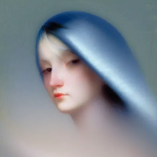 Prompt: a young woman's face, her hair is white and she wears an indigo satin cloak, by ivan aivazovsky and syd mead and moebius and gaston bussiere and roger dean and pieter claesz and paul delaroche and alma tadema and aelbert cuyp and willem claesz, hyperrealistic, volumetric light, octane render