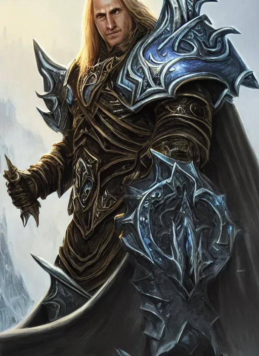 Prompt: arthas menethil, ultra detailed fantasy, elden ring, realistic, dnd character portrait, full body, dnd, rpg, lotr game design fanart by concept art, behance hd, artstation, deviantart, global illumination radiating a glowing aura global illumination ray tracing hdr render in unreal engine 5