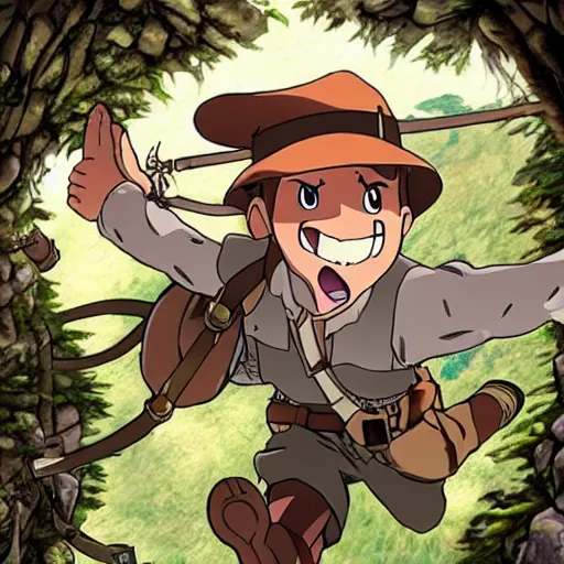 Prompt: Indiana Jones running away from boulder trap, rolling boulder, raiders of the lost ark, made in abyss anime style