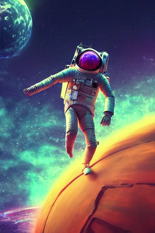 Prompt: psychedelic astronaut letting go of reality and experiencing the quantum feild, matte painting comic book art, cinematic, highly detailed, realistic, beautiful cosmic neural network, octane render, unreal engine, depth of field, trending on artstation, sharp focus, philosophical splashes of colors
