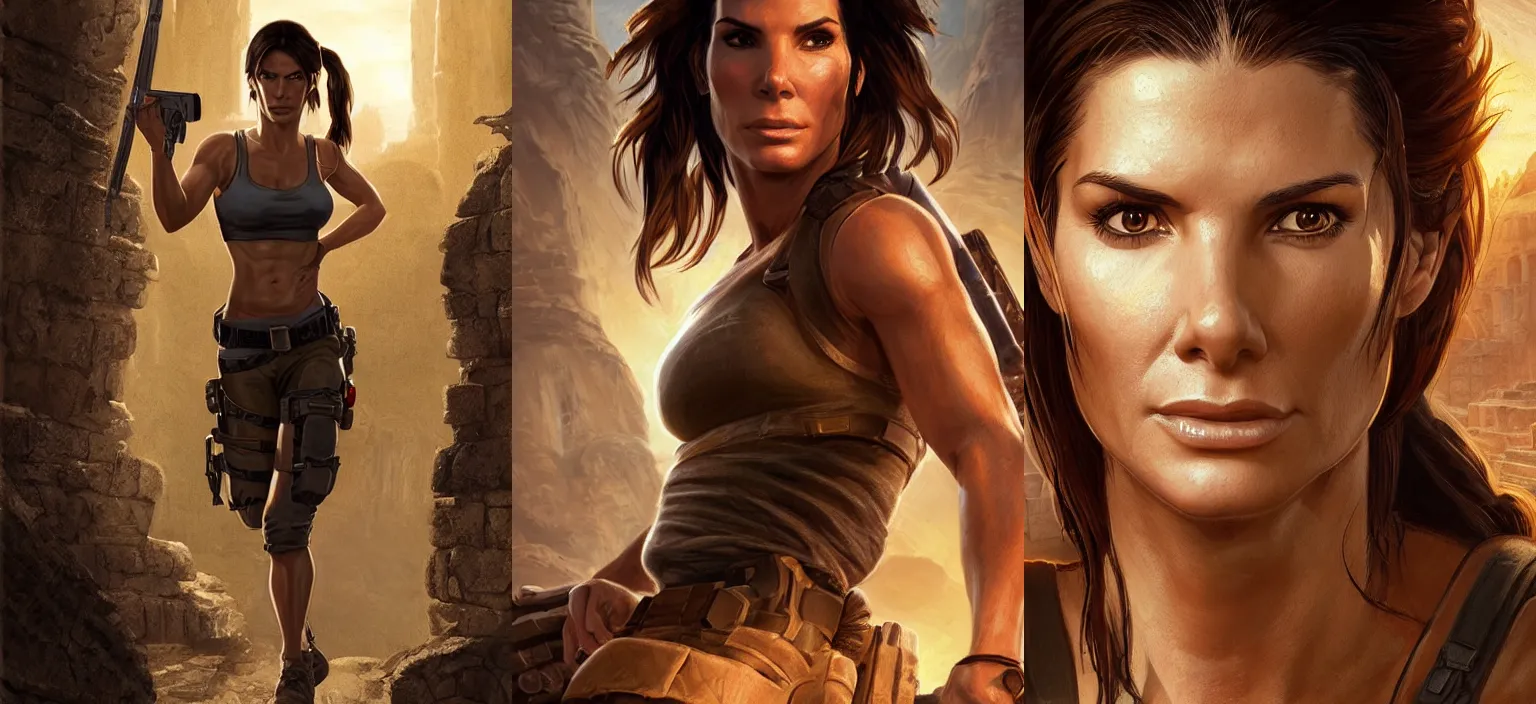 Image similar to face portrait of concentrated young Sandra Bullock as muscled Lara Croft stepping out epic ancient ruins directly looking into the camera, sun beams, intricate, elegant, highly detailed, centered, crispy sharp digital painting, artstation, concept art, smooth, sharp focus, illustration, Allan Lee, John Howe