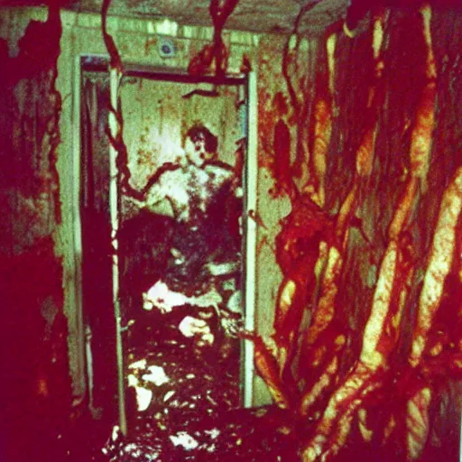 Image similar to 1 9 9 3, disposable camera, flash, old abandoned house, mutant creature standing, meat, ooze, slime, veins, wet