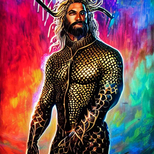 Image similar to intricate five star portrait of aquaman wearing his burning man festival costume, oil on canvas, hdr, high detail, photo realistic, hyperrealism, matte finish, high contrast, 3 d depth, centered, steampunk, tasteful colors, enhanced light effect, enhanced eye detail, artstationhd