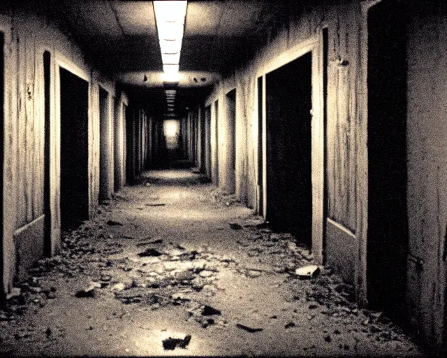 Image similar to dark abandoned hallway at night with eldritch horror, letterboxing, widescreen, 40mm tape, technicolour film, grainy, horror