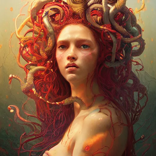 Prompt: portrait of a beautiful rendition of the mythical medusa, illustration, artistic, colorful, hyper detailed, in the style of greg rutkowski