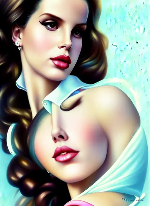 Prompt: Lana del Rey as a glamorous and sexy nurse in chemisier, beautiful, pearlescent skin, natural beauty, seductive eyes and face, elegant girl, natural beauty, very detailed face, seductive lady, full body portrait, natural lights, photorealism, summer vibrancy, cinematic, a portrait by artgerm, rossdraws, Norman Rockwell, magali villeneuve, Gil Elvgren, Alberto Vargas, Earl Moran, Enoch Bolles