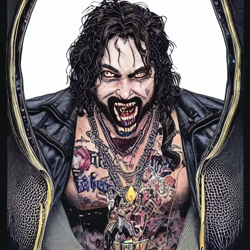 Image similar to portrait closeup of crazy post malone as vampire, symmetrical!!!!!!!!, by yoichi hatakenaka, masamune shirow, josan gonzales and dan mumford, ayami kojima, takato yamamoto, barclay shaw, karol bak, yukito kishiro