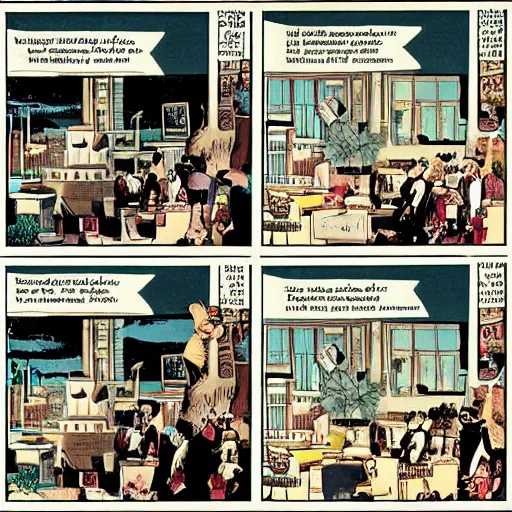 Image similar to a beautiful art installation. let ’ s see how long the rich can eat their money for comic strip by thomas cole, by chris ware desaturated