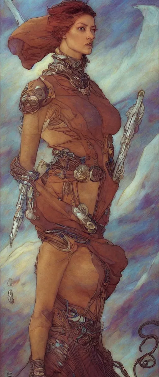 Image similar to beautiful female fremen on dune, by edgar maxence artgerm ross tran and michael whelan and gustav klimpt