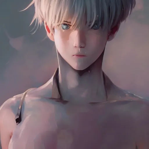 Prompt: a highly detailed epic cinematic concept art CG render digital painting artwork: boy Rei Ayanami. By Greg Rutkowski, Ilya Kuvshinov, WLOP, Stanley Artgerm Lau, Ruan Jia and Fenghua Zhong, trending on ArtStation, subtle muted cinematic colors, made in Maya, Blender and Photoshop, octane render, excellent composition, cinematic atmosphere, dynamic dramatic cinematic lighting, precise correct anatomy, aesthetic, very inspirational, arthouse