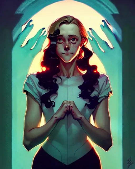 Image similar to artgerm, joshua middleton comic cover art, pretty full body serial killer maika monroe creepy smiling, full body, symmetrical eyes, symmetrical face, long curly brown hair, standing in front of an abandoned house background