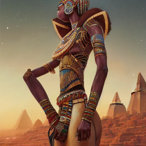 Image similar to highly detailed portrait of an african egyptian goddess, intricate alien technology, stephen bliss, unreal engine, fantasy art by greg rutkowski, loish, rhads, ferdinand knab, makoto shinkai and lois van baarle, ilya kuvshinov, rossdraws, tom bagshaw, global illumination, radiant light, detailed and intricate environment