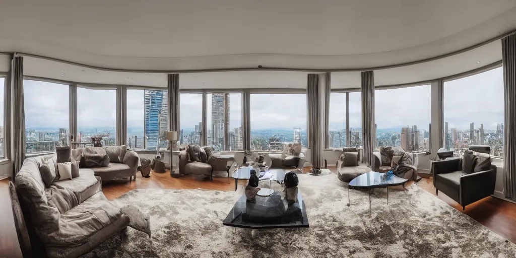 Image similar to cinematic film still of a fancy apartment living room with a stunning view 4k, fish-eye lens