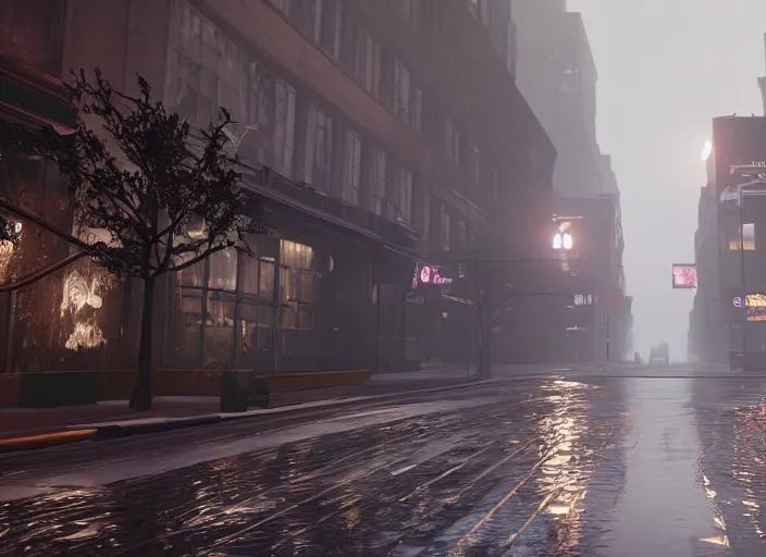 Prompt: dark, misy, foggy, flooded new york city street in Destiny 2, liminal creepy, dark, dystopian, highly detailed 4k in-game screenshot leak datamine from reddit
