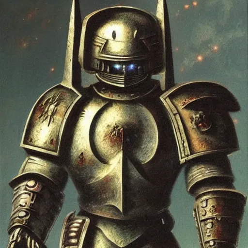 Image similar to space marine in dark plated armor concept, wearing ancient war helm, beksinski