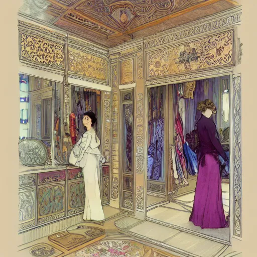 Image similar to a beautiful intricate watercolor illustration of a victorian dressing room, 4 k, ultra - wide angle, by william turner, by victo ngai, by alphonse mucha, by miho hirano, hd, trending on artstation, hyper detailed, muted colors