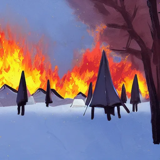 Image similar to a camp with tents on fire, burning down, shadows of 3 girls watching the camp burn, snow, painted by Sylvain Sarrailh