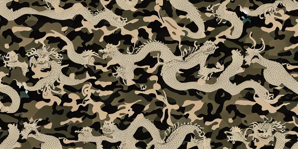 Prompt: seamless detailed camouflage pattern with dragon, jacket