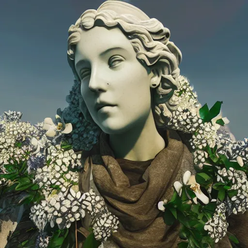 Image similar to a marble statue covered in flowers, full frame, cinematic light , unreal engine,