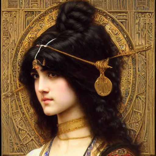 Image similar to orientalist portrait of a mesopotamian woman with thick black bangs and curls standing inside sandstone temple intricate artwork by john william waterhouse and Edwin Longsden Long and Theodore Ralli and Henryk Siemiradzki. trending on artstation, very coherent symmetrical artwork high detail 8k