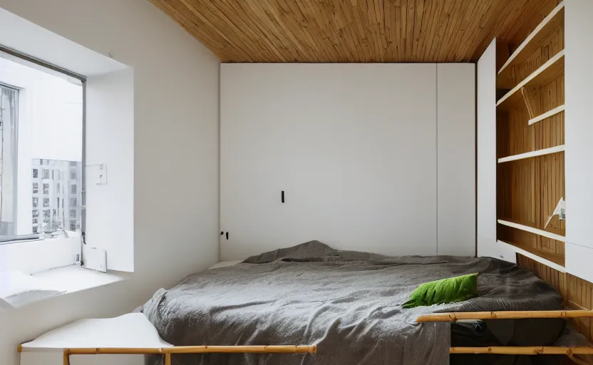 Image similar to interior of a small and compact minimalist bedroom in an apartment building, bed, cupboards, natural materials, bamboo wood, white, beige, bright, green painted wall, windows with a view of a green park, modernist, swedish design, japanese style, 8 k