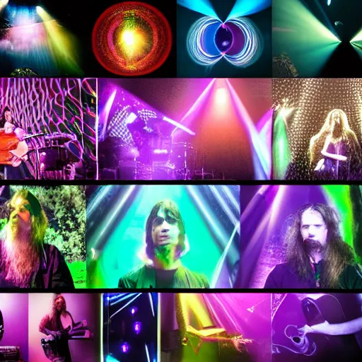 Prompt: New Age Psychedelic Rock band on stage, psychedelic lighting, award winning professional concert photography, epic, hyper realistic