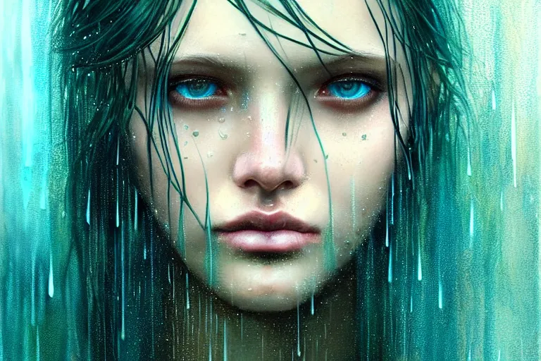 Image similar to girl in rain with wet hair and face, teal, fantasy, intricate, elegant, dramatic lighting, emotionally evoking symbolic metaphor, highly detailed, lifelike, photorealistic, digital painting, artstation, concept art, smooth, sharp focus, illustration, art by John Collier and Albert Aublet and Krenz Cushart and Artem Demura and Alphonse Mucha