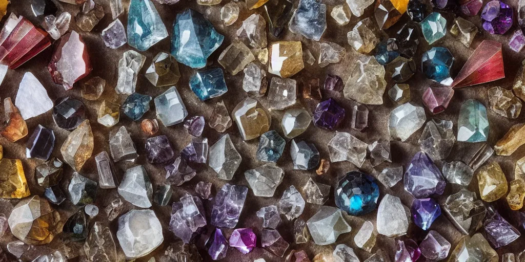 Prompt: old scientific document, crystals, in rich color, aged paper, texture, highly detailed, lots of pictures, close up, no text