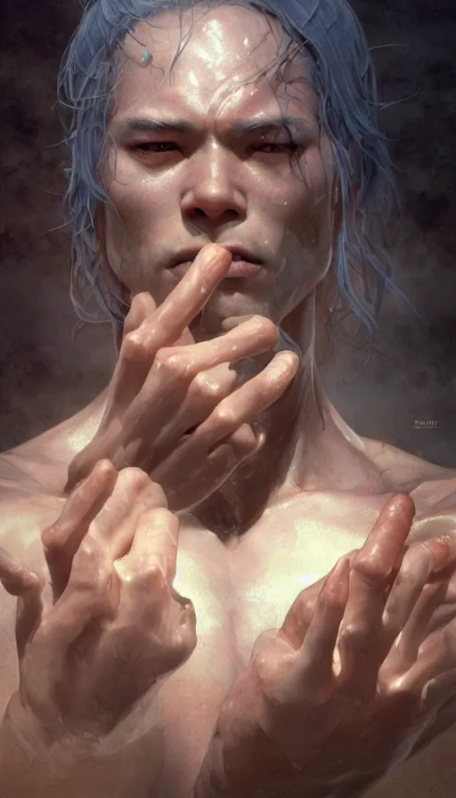 Image similar to epic masterpiece prince goro, sweaty skin, hyperrealistic, octane render, cinematic, beautiful face and flawless skin, perfect hands, 5 fingers, by Edgar Maxence and Ross Tran and Michael Whelan, Legends of Runeterra