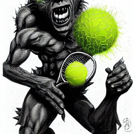 Image similar to a tennis ball monster, tennis ball, dark, chalky, gargoyle, digital art, fantasy, magic, trending on artstation, ultra detailed, professional illustration by Basil Gogos