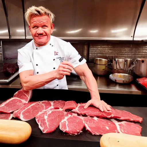 Prompt: Gordon Ramsay massages raw meat