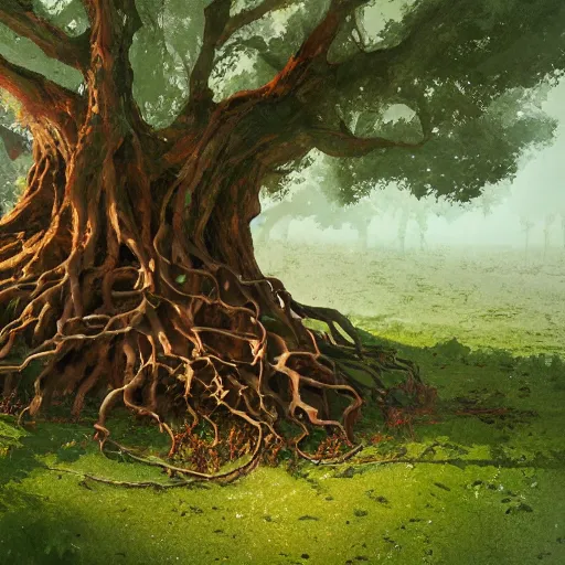 Prompt: A man standing under a huge tree with intertwined roots by Marc Simonetti