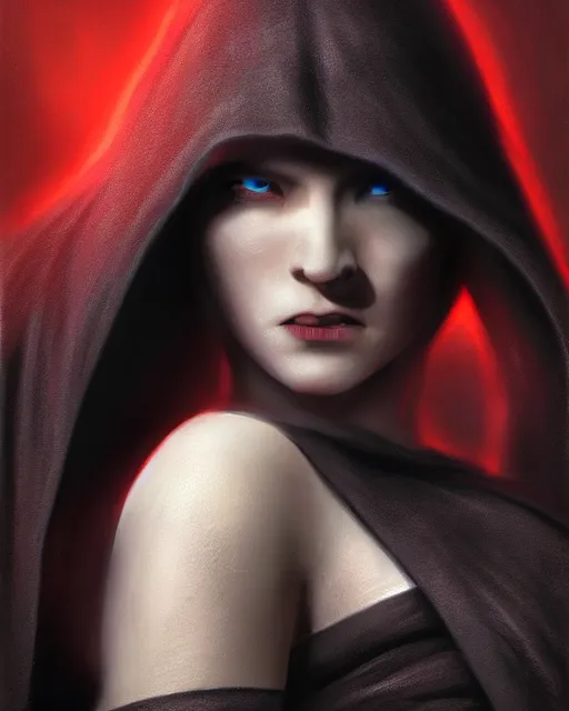 Image similar to closeup portrait, beautiful woman dark lord of the sith wearing a black hooded jedi cloak, white skin, dark eyes, craig mullins, rim light, volumetric lighting, concept art, smooth, sharp focus, arney freytag, glamour pose, soft ambient lighting, octane, iso 4 0 0, 6 2 mm,