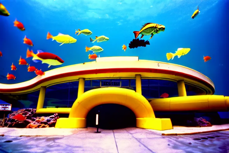 Prompt: 1 9 8 5 crab themed giant aquarium, googie architecture, one point perspective, americana, fishcore, exterior photography, hd 8 k, photography cinestill