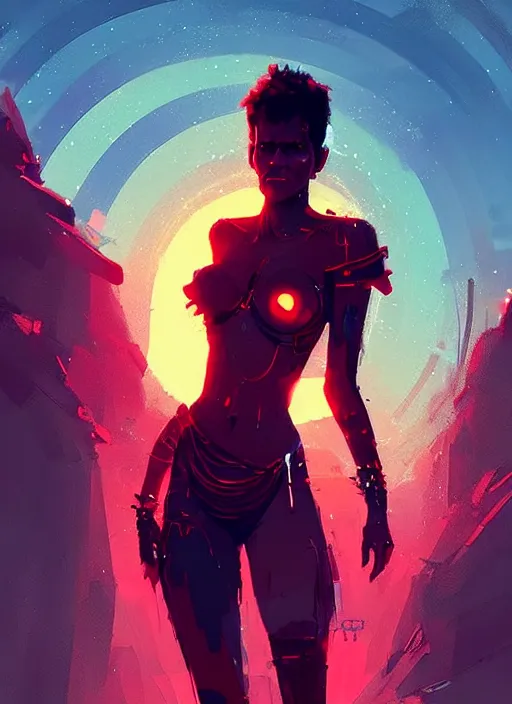 Prompt: sci - fi art, halle berry in dejah thoris outfit, red peaks in the background, art by ismail inceoglu