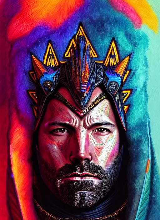 Image similar to portrait of ben affleck, hyper detailed ultra sharp aztec shaman warrior. trending on artstation, warpaint aesthetic, bloodwave, colorful, psychedelic, ornate, intricate, digital painting, concept art, smooth, sharp focus, illustration, art by artgerm and greg rutkowski and h. r. giger, 8 k