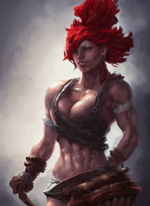 Image similar to a highly detailed illustration of fierce red haired blacksmith woman wearing blacksmith apron, muscular, dramatic pose, intricate, elegant, highly detailed, centered, digital painting, artstation, concept art, smooth, sharp focus, league of legends concept art, wlop.